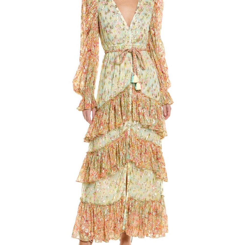 Rococo Sand Tiered Ruffle Floral Maxi Dress in Light Green and Peach